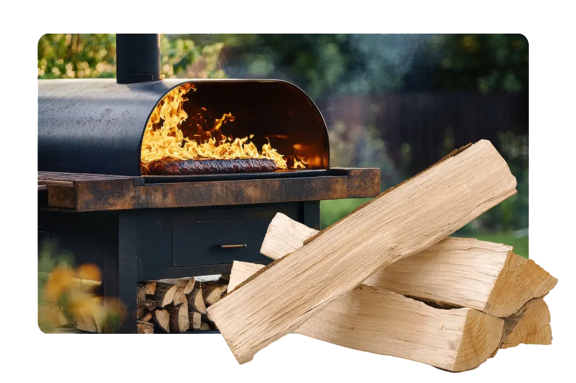 Ein Pizzaofen mit vier Scheitel Buchenholz im Vordergrund