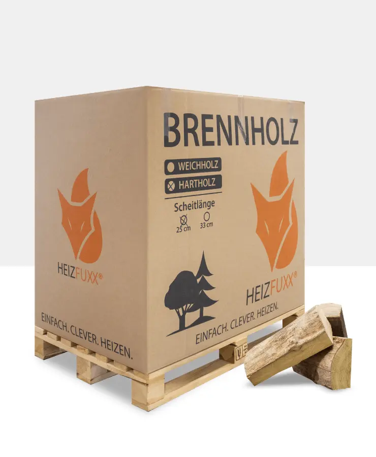 Eine Palette Brennholz aus Robinie im Karton mit drei Scheitel im Vordergrund